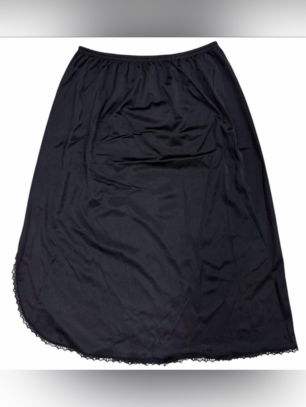 VTG Black Satin Lace Trim Midi Slip Skirt